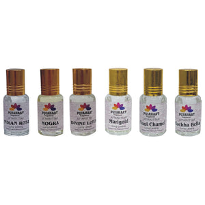 Pujahaat Premium Alcohol-Free Attar Gift Pack Of 6 Floral Attars Combo Perfumes Indian Rose, Mogra, Lotus, Marigold, Chameli, Kachha Bela (In Roll on Bottle) 18ml (6x3ml) Combo-2