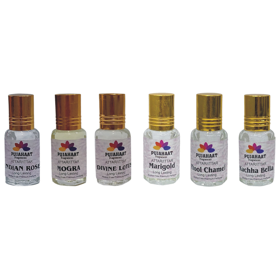 Pujahaat Premium Alcohol-Free Attar Gift Pack Of 6 Floral Attars Combo Perfumes Indian Rose, Mogra, Lotus, Marigold, Chameli, Kachha Bela (In Roll on Bottle) 18ml (6x3ml) Combo-2