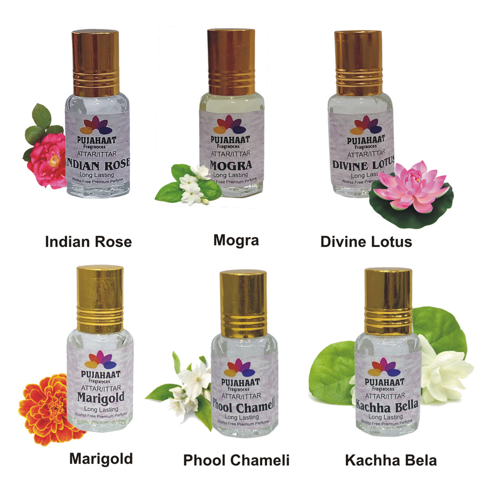 Pujahaat Premium Alcohol-Free Attar Gift Pack Of 6 Floral Attars Combo Perfumes Indian Rose, Mogra, Lotus, Marigold, Chameli, Kachha Bela (In Roll on Bottle) 18ml (6x3ml) Combo-2