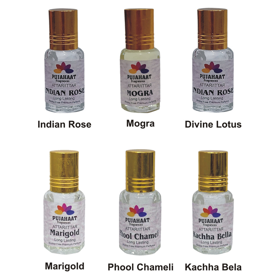 Pujahaat Premium Alcohol-Free Attar Gift Pack Of 6 Floral Attars Combo Perfumes Indian Rose, Mogra, Lotus, Marigold, Chameli, Kachha Bela (In Roll on Bottle) 18ml (6x3ml) Combo-2