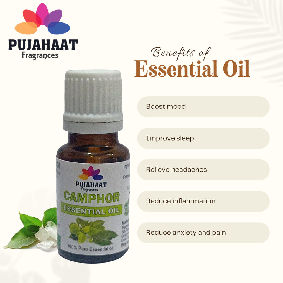 Pujahaat Camphor Essential Oil (Cinnamomum camphora) Pure | Non-Sticky | Non-greasy | Lightweight | Therapeutic Grade For Bath, Diffuser & Aromatherapy -15ML
