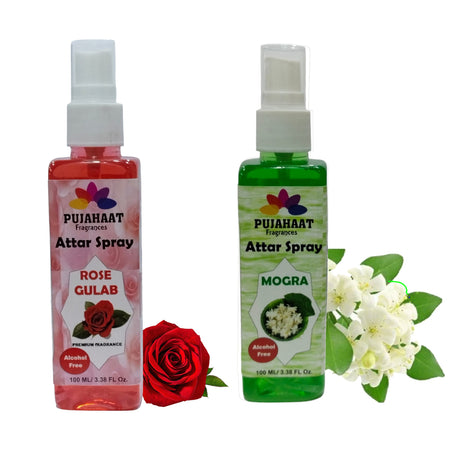 Pujahaat Mogra and Rose Attar Spray Combo | Non Alcoholic Spray | Religious Mist | Air Freshener, Room Mist, Fabric Linen Spray | Perfect for Prayers Rooms, Living Room, car set of 2 pcs