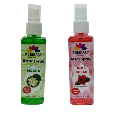 Pujahaat Mogra and Rose Attar Spray Combo | Non Alcoholic Spray | Religious Mist | Air Freshener, Room Mist, Fabric Linen Spray | Perfect for Prayers Rooms, Living Room, car set of 2 pcs
