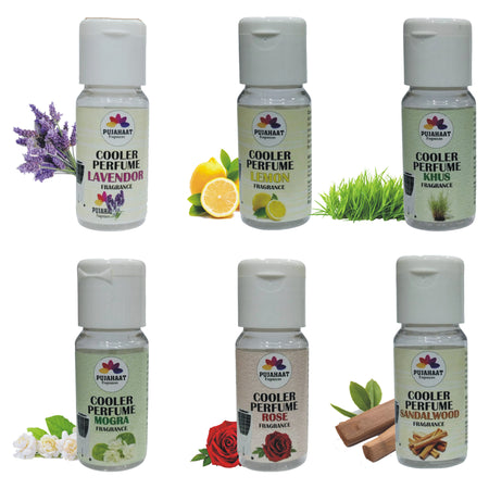 Pujahaat Lavender, Lemon, Rose, Khus, Sandalwood, Jasmine Cooler Perfume/Aroma Diffuser Oil or Fragrance, Long Lasting Cooler Scent/Aroma Diffuser Fragrance Oil - Multipurpose Aroma Oil Perfume for Cooler - 25 ml each (6 X 25 ml)