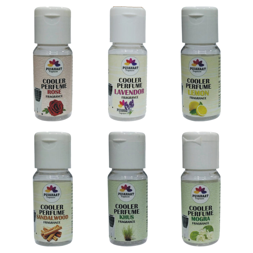 Pujahaat Lavender, Lemon, Rose, Khus, Sandalwood, Jasmine Cooler Perfume/Aroma Diffuser Oil or Fragrance, Long Lasting Cooler Scent/Aroma Diffuser Fragrance Oil - Multipurpose Aroma Oil Perfume for Cooler - 25 ml each (6 X 25 ml)