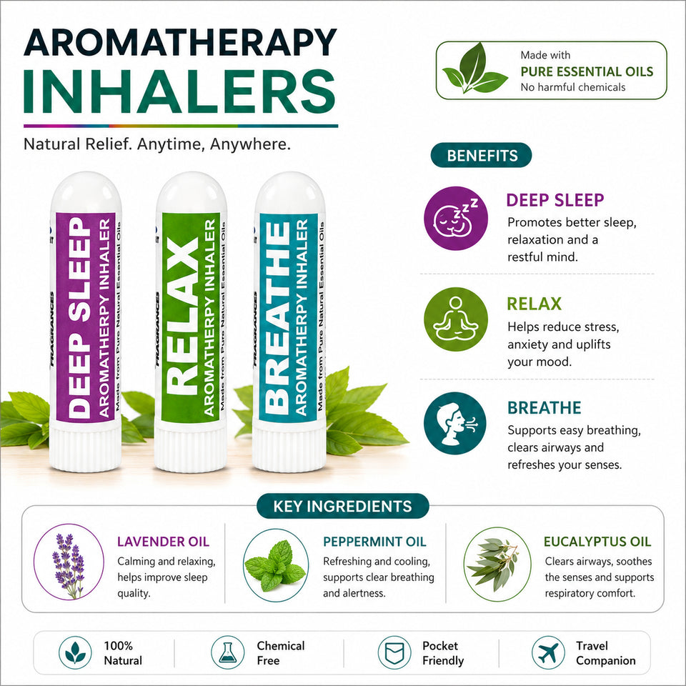 Pujahaat Natural Essential oil based Aromatherapy Nasal Inhaler Stick DEEP SLEEP, RELAX, BREATHE Made with therapeutic grade essential oils- Set of 3