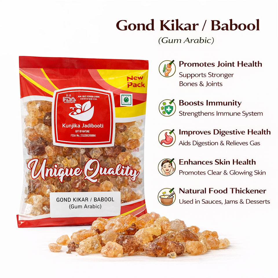 Kunjika Jadibooti Kikar Gond (Babool Gond) 100% Natural | Edible Gond for Ladoo & Panjiri | Acacia Gum | No Chemicals | Traditional Ayurvedic Superfood