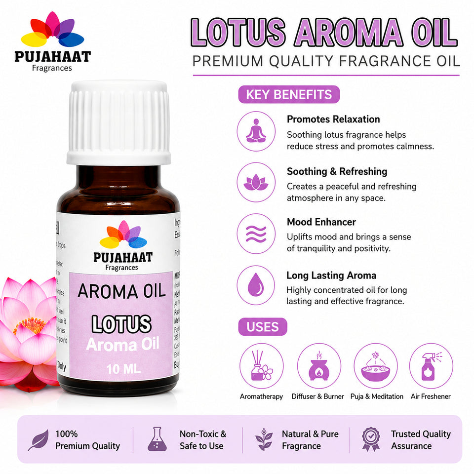 Pujahaat Lotus Aroma Oil for Aromatherapy oils, Oil for diffusers, Humidifier oils, Oil Burners, Spa and Air Purifier 10ml Each, Lotus - Set of 2 (2 x 10 ml)