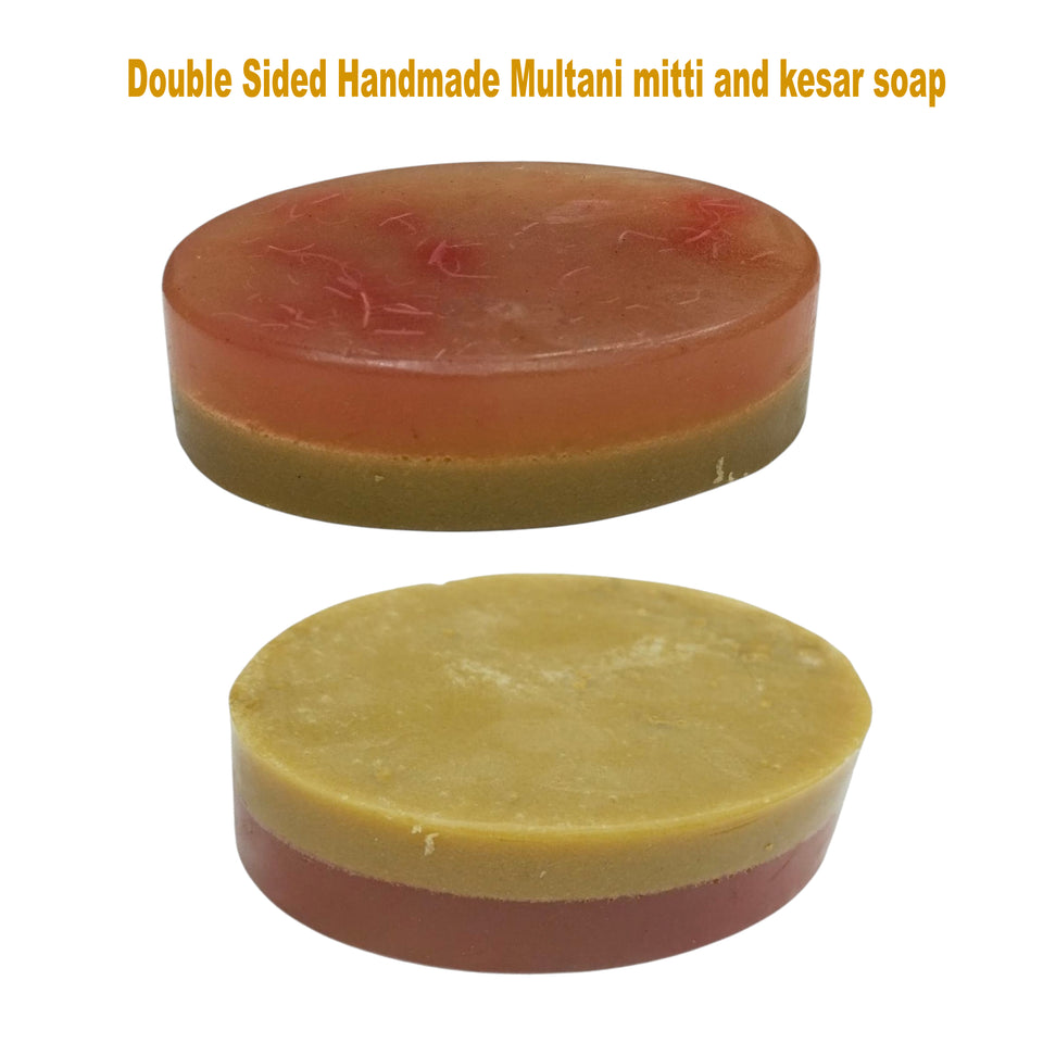 Kunjika Jadibooti Multani mitti and Kesar Double layer Soap | Handmade Natural Bath Bar with Aloe Vera, Vitamin E and Tea tree Essential oil