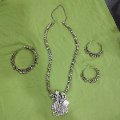 Bollywood Oxidized Radha Krishna Silver Plated Handmade Designer Jewellery set/ Party wear/ Casual Oxidized choker necklace earrings Jhumka Afgani OS-2