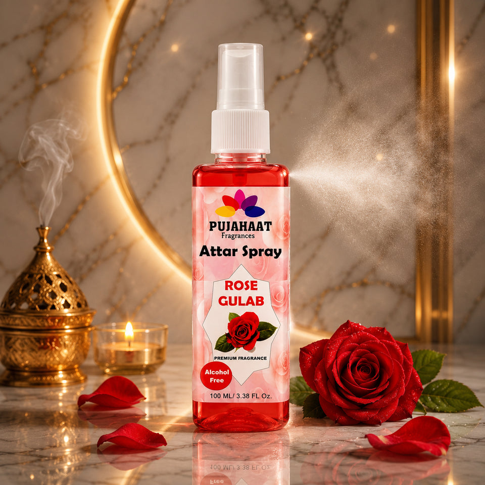 Rose Attar Spray by Pujahaat | 100ml Non Alcoholic Spray | Religious Mist | Air Freshener, Room Mist, Fabric & Linen Spray | Perfect for Prayer mats, beds, sofas, curtains