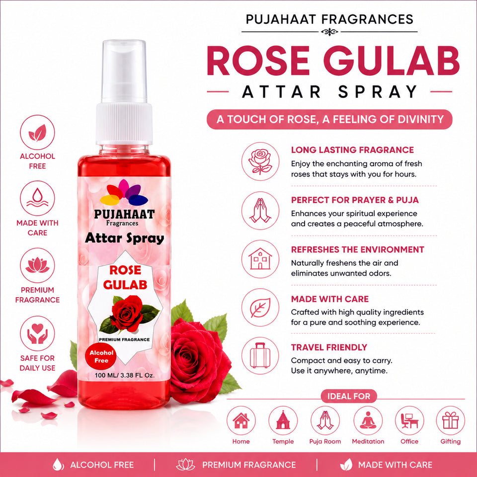 Rose Attar Spray by Pujahaat | 100ml Non Alcoholic Spray | Religious Mist | Air Freshener, Room Mist, Fabric & Linen Spray | Perfect for Prayer mats, beds, sofas, curtains