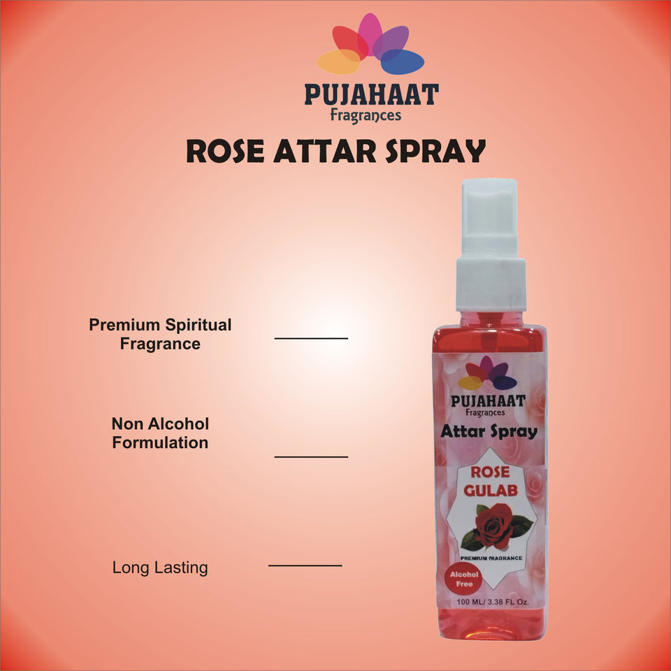 Rose Attar Spray by Pujahaat | 100ml Non Alcoholic Spray | Religious Mist | Air Freshener, Room Mist, Fabric & Linen Spray | Perfect for Prayer mats, beds, sofas, curtains