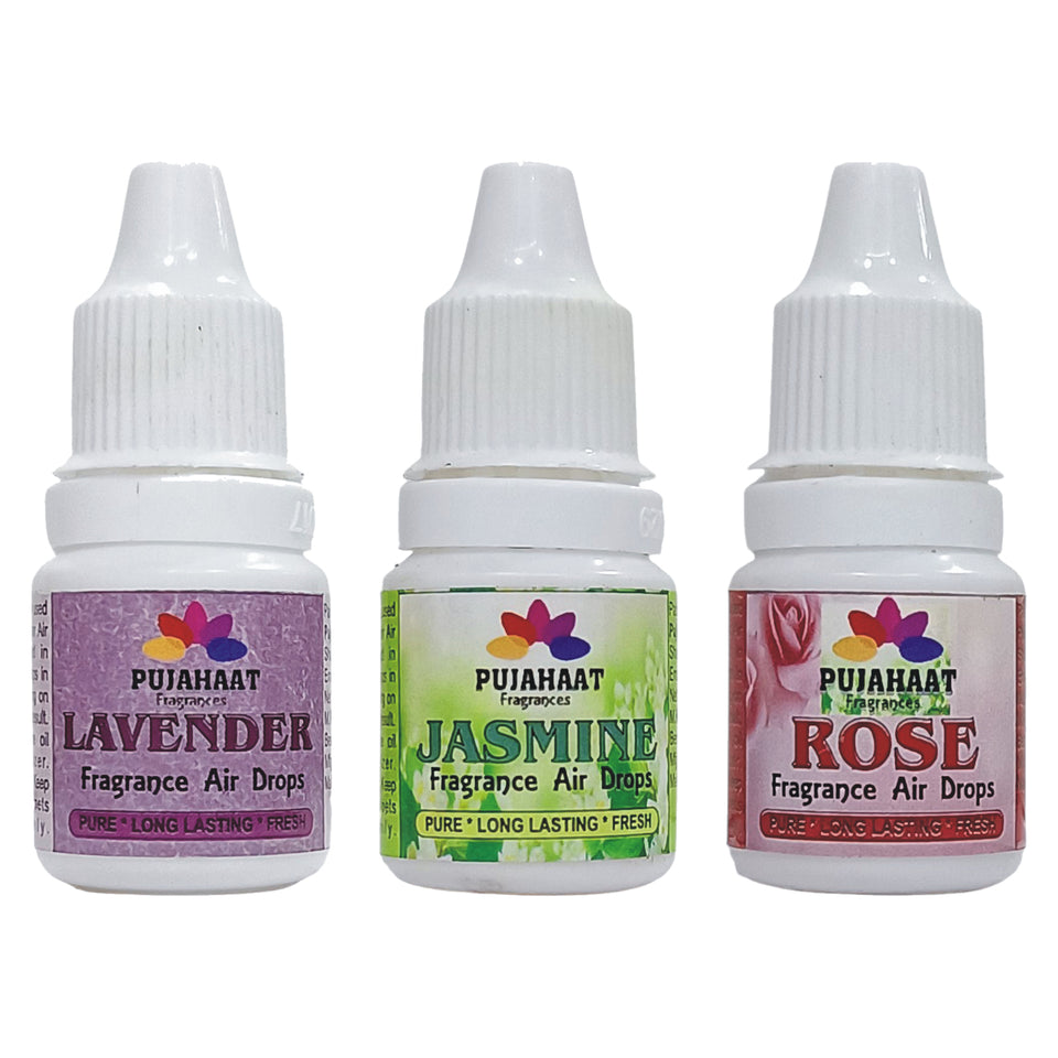 Pujahaat Premium Lavender, Rose, Jasmine Fragrance Air drops Air freshener for room, bathroom, toilet, car, wardrobes -Pack of 3 (3 x 5ml)