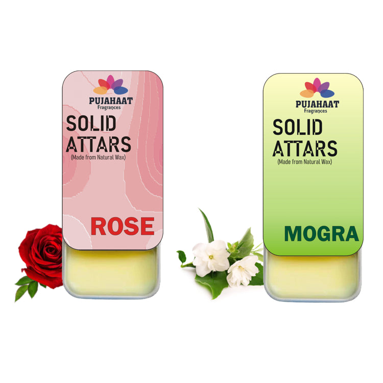 Pujahaat Rose | Mogra Combo Premium Fragrance | Solid Attar for Men & Women | Alcohol Free | Strong lasting fragrance - Rose, Mogra
