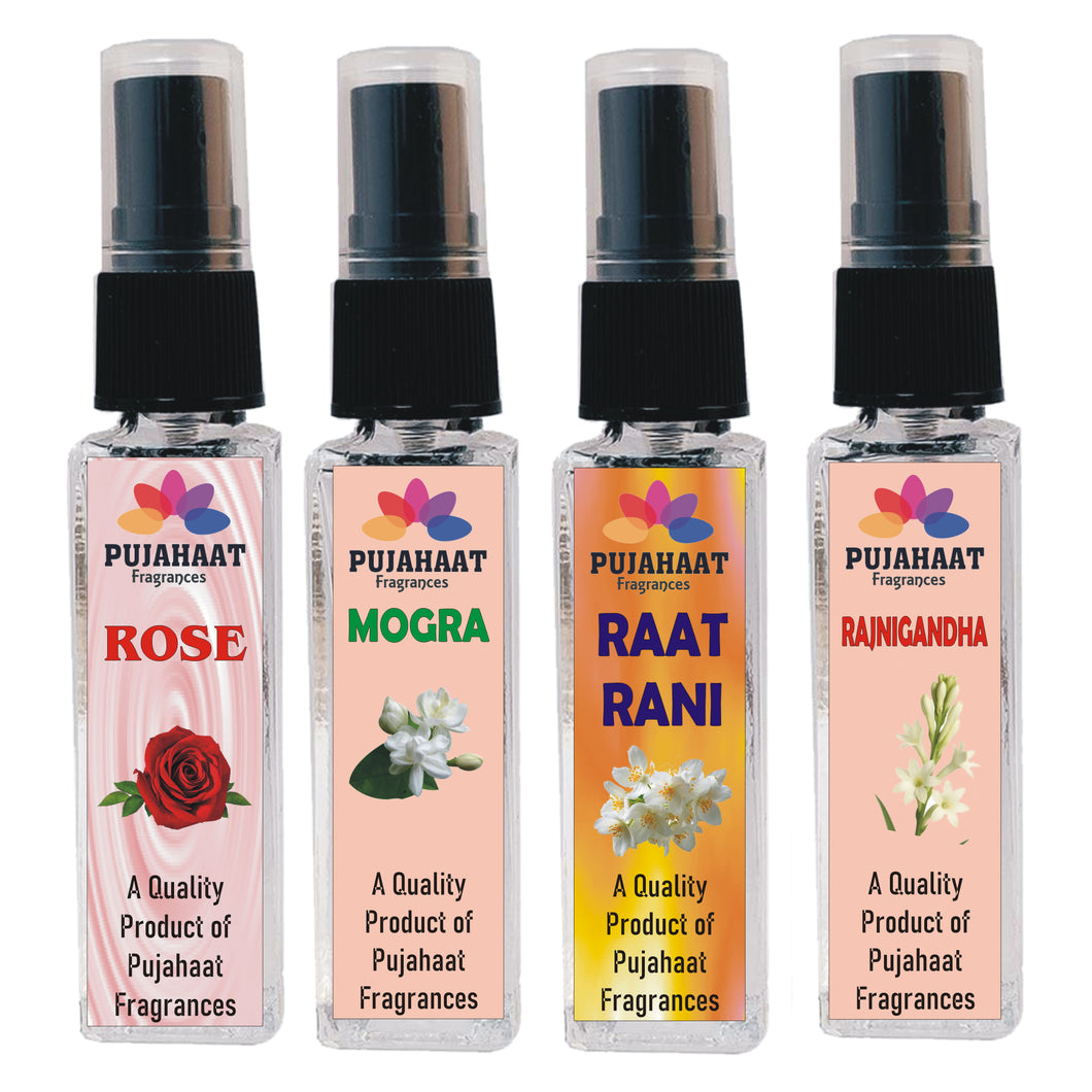 Pujahaat Set of 4 Perfume Attar Spray 8ml | itra/ittar Perfume | For Pooja/Personal Use Rose, Mogra, Raatrani, Rajnigandha