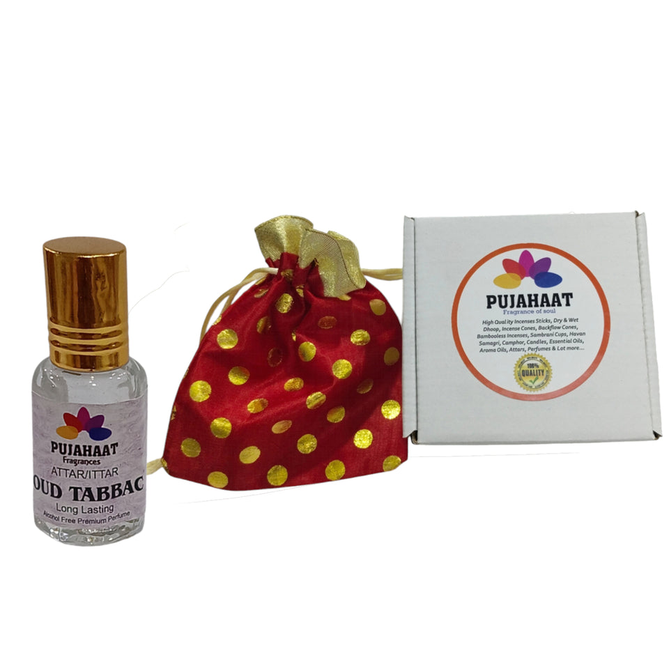 Pujahaat Premium Alcohol-Free Attar | Ittar 6 ml, Long-Lasting Travel Size Roll-On, Best Spicey Woody Attar Fragrance Oil - Oud Tabbac