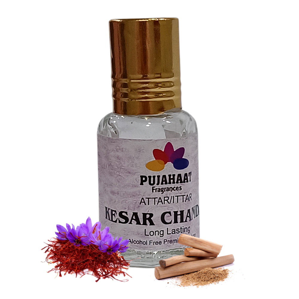 Pujahaat Premium Alcohol-Free Attar | Ittar 6ml, Long-Lasting Travel Size Roll-On, Best Floral Woody Attar Fragrance Oil - Kesar Chandan