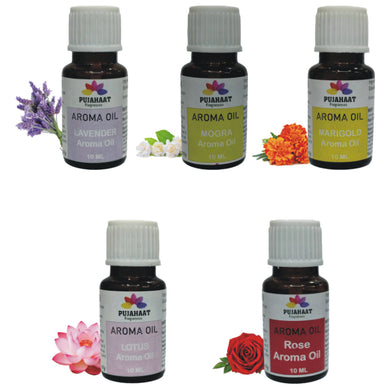 Pujahaat Lavender, Jasmine, Marigold (Genda), Rose, Lotus Aroma Oil for Aromatherapy oils, Oil for diffusers, Humidifier oils, Oil Burners, Spa and Air Purifier 10ml Each - Set of 5 (5 x 10 ml)