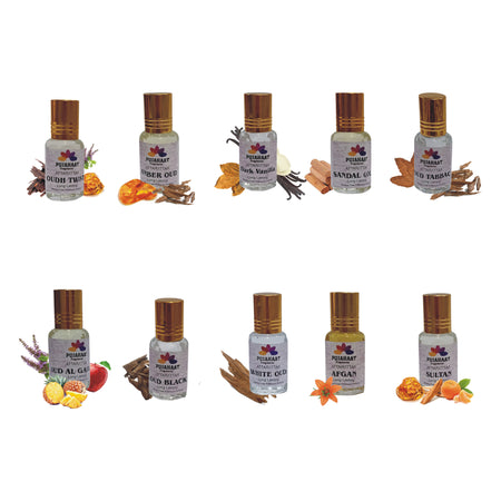 Pujahaat Premium Alcohol-Free Attar Gift Pack Of 10 Luxury Woody Attars Combo Ittar Oud Twist, Amber Oud, Dark Vanilla, Sandal Gold, Oud Tobacco, Black Oud, White Oud, Oud Al Grham, Sultan, Afgan (In Roll on Bottles) 30ml (10 x 3ml) Combo-3