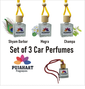 Pujahaat Car Perfume 3 pcs Combo Hanging Pod 10ml Premium Fragrance | High Diffusion with Premium Fragrance Oils with Wooden Diffuser Lid | Long Lasting | Lasts Up to 45 Days - Shyam Darbar, Champa, Mogra