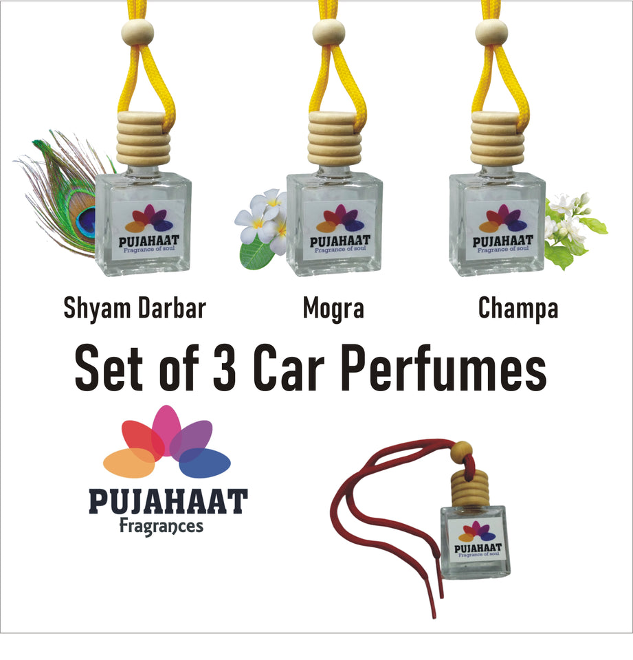 Pujahaat Car Perfume 3 pcs Combo Hanging Pod 10ml Premium Fragrance | High Diffusion with Premium Fragrance Oils with Wooden Diffuser Lid | Long Lasting | Lasts Up to 45 Days - Shyam Darbar, Champa, Mogra