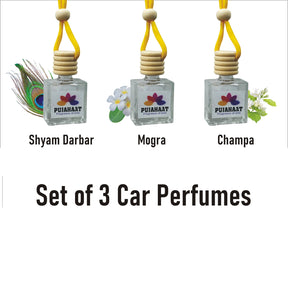 Pujahaat Car Perfume 3 pcs Combo Hanging Pod 10ml Premium Fragrance | High Diffusion with Premium Fragrance Oils with Wooden Diffuser Lid | Long Lasting | Lasts Up to 45 Days - Shyam Darbar, Champa, Mogra