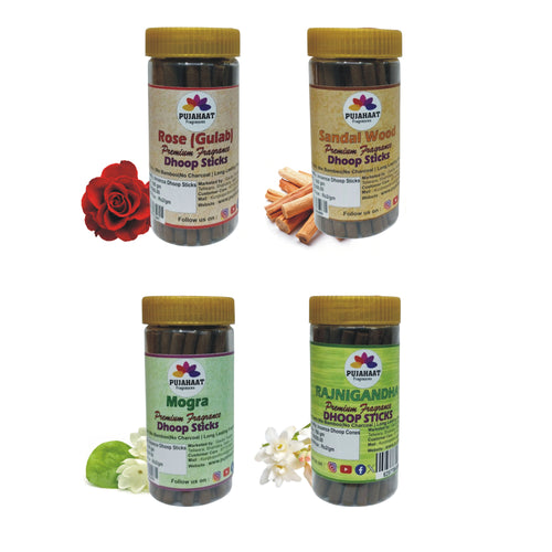 Pujahaat Premium 4 Fragrances Combo Scented Incense Sticks | Dry Dhoop Sticks | No Charcoal, Bambooless | Dhoop Batti 4 inches with free Holder - Rose, Mogra, Chandan Rajnigandha