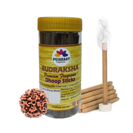 Pujahaat Rudraksha Premium Scented Incense Stick | Dry Dhoop Stick | No Charcoal, Bambooless | Dhoop Batti 4 inches with free Holder - Rudraksha Fragrance - 100 Gms