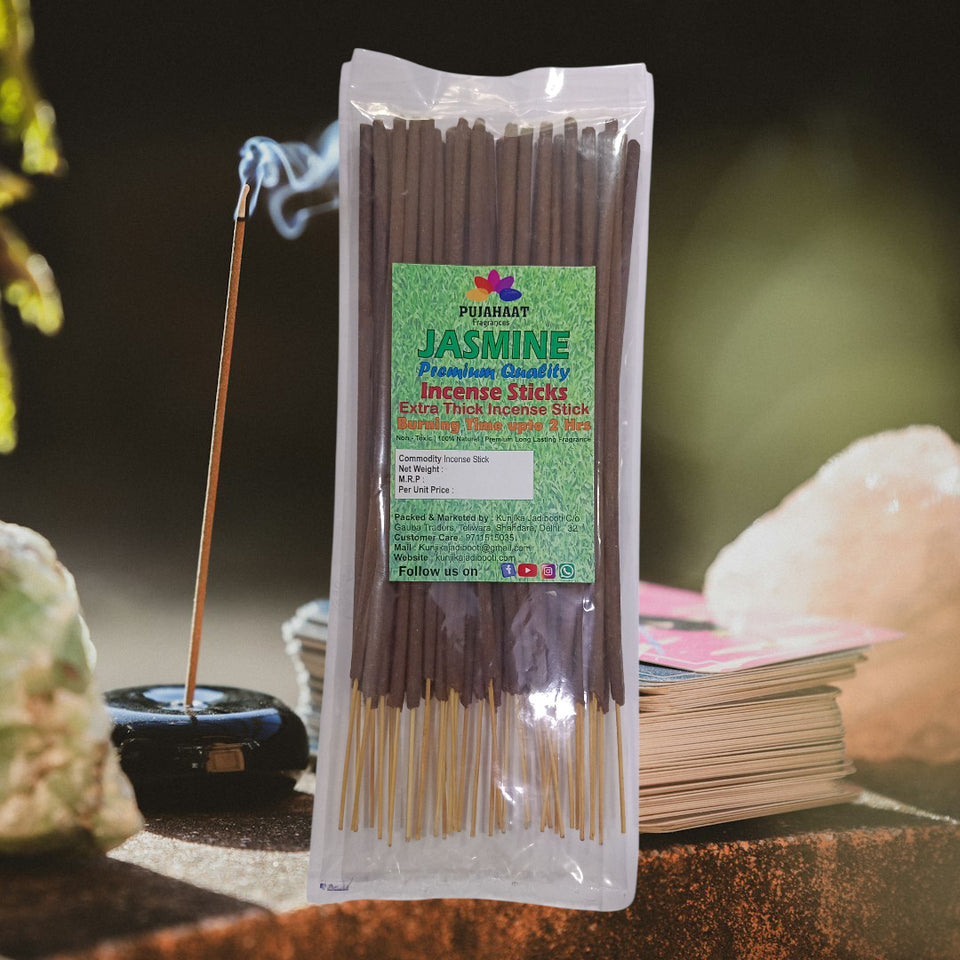 Pujahaat Premium Scented Incense Stick Agarbatti | No Charcoal Incense Sticks, 100 minutes burning time, 0% Sulphates Fragrance - Jasmine Fragrance