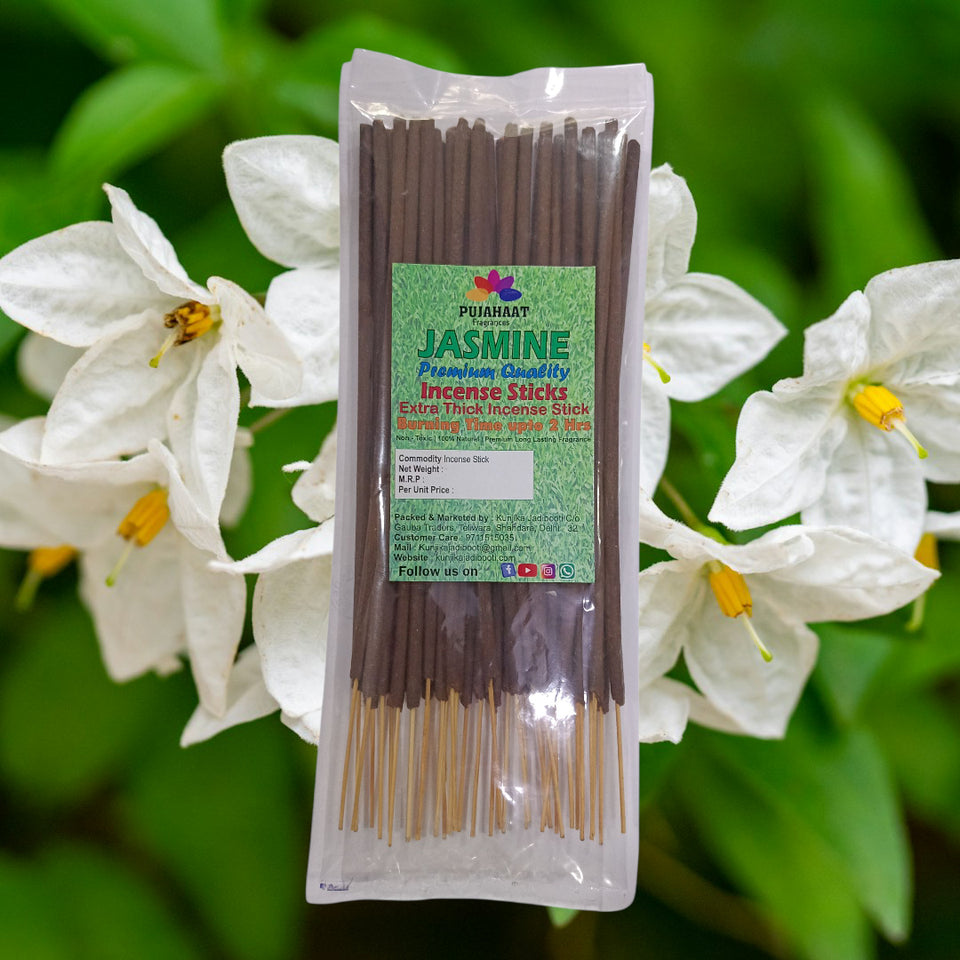 Pujahaat Premium Scented Incense Stick Agarbatti | No Charcoal Incense Sticks, 100 minutes burning time, 0% Sulphates Fragrance - Jasmine Fragrance
