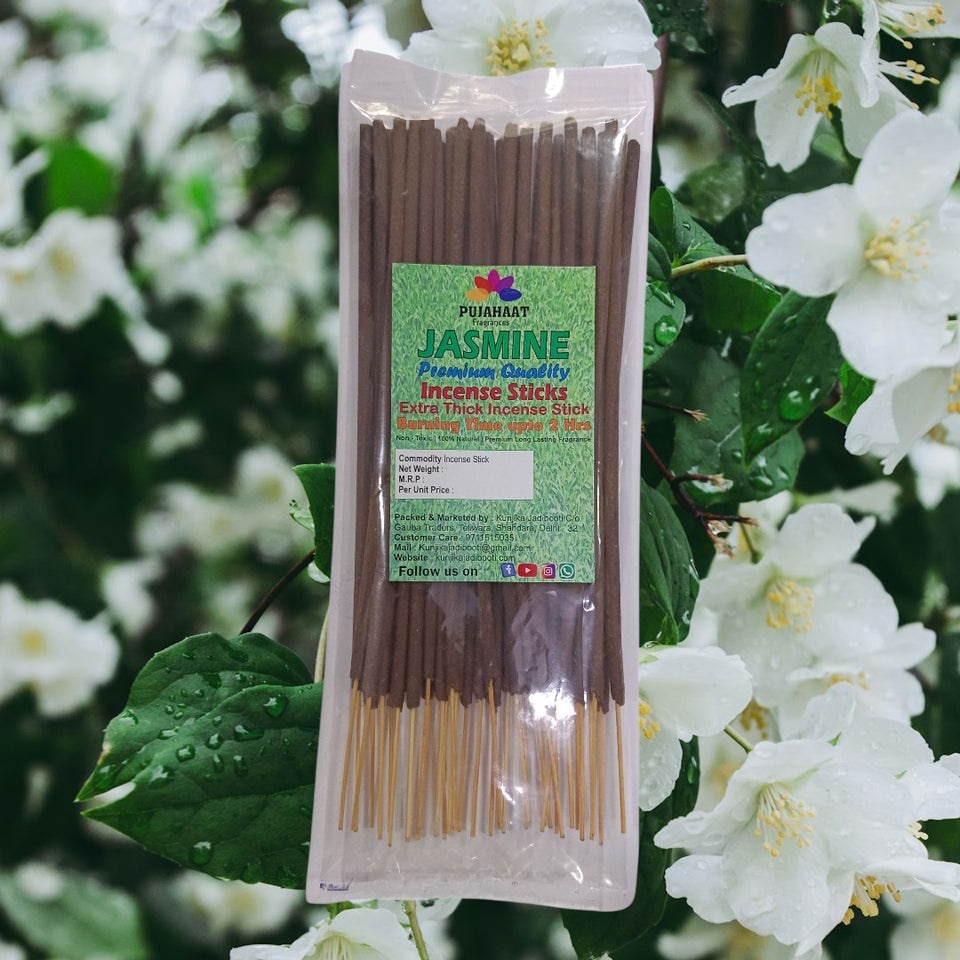 Pujahaat Premium Scented Incense Stick Agarbatti | No Charcoal Incense Sticks, 100 minutes burning time, 0% Sulphates Fragrance - Jasmine Fragrance