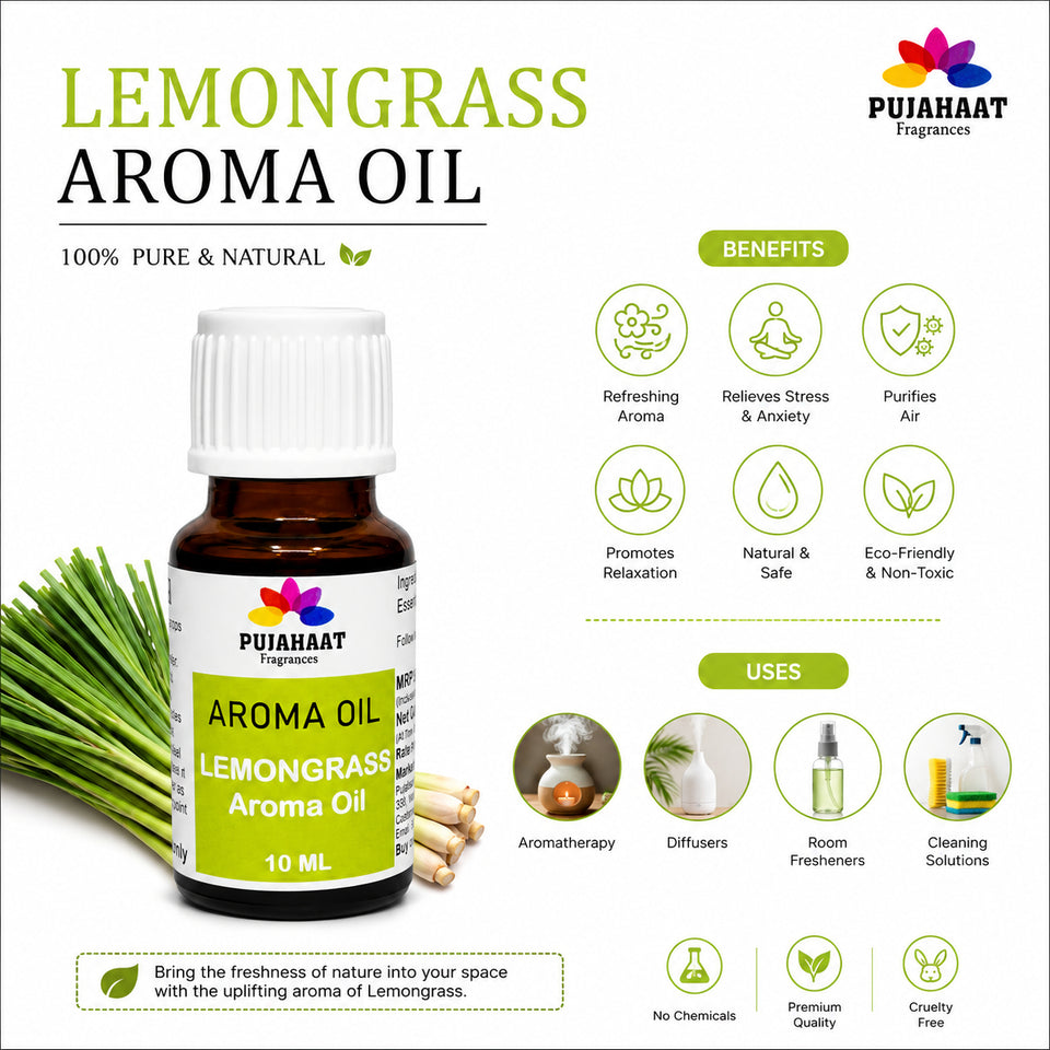 Pujahaat Lemongrass Aroma Oil for Aromatherapy oils, Oil for diffusers, Humidifier oils, Oil Burners, Spa and Air Purifier 10ml Each, Lemongrass - Set of 2 (2 x 10 ml)