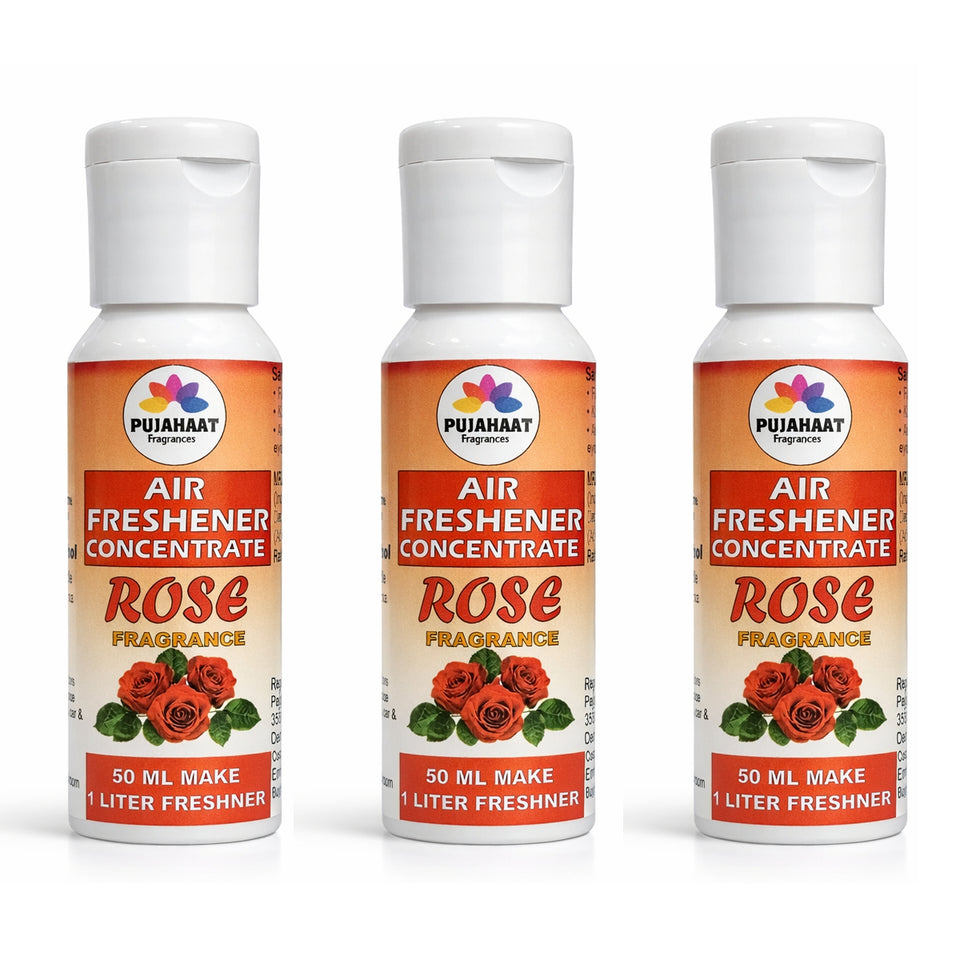 Pujahaat Air Freshener Concentrate Set of 3 (50ml Each) Makes 1 Liter Each | Long Lasting Room Freshener Liquid | Fragrance Combo for Home, Office, Car | Alcohol-Free Premium Fragrance - Rose