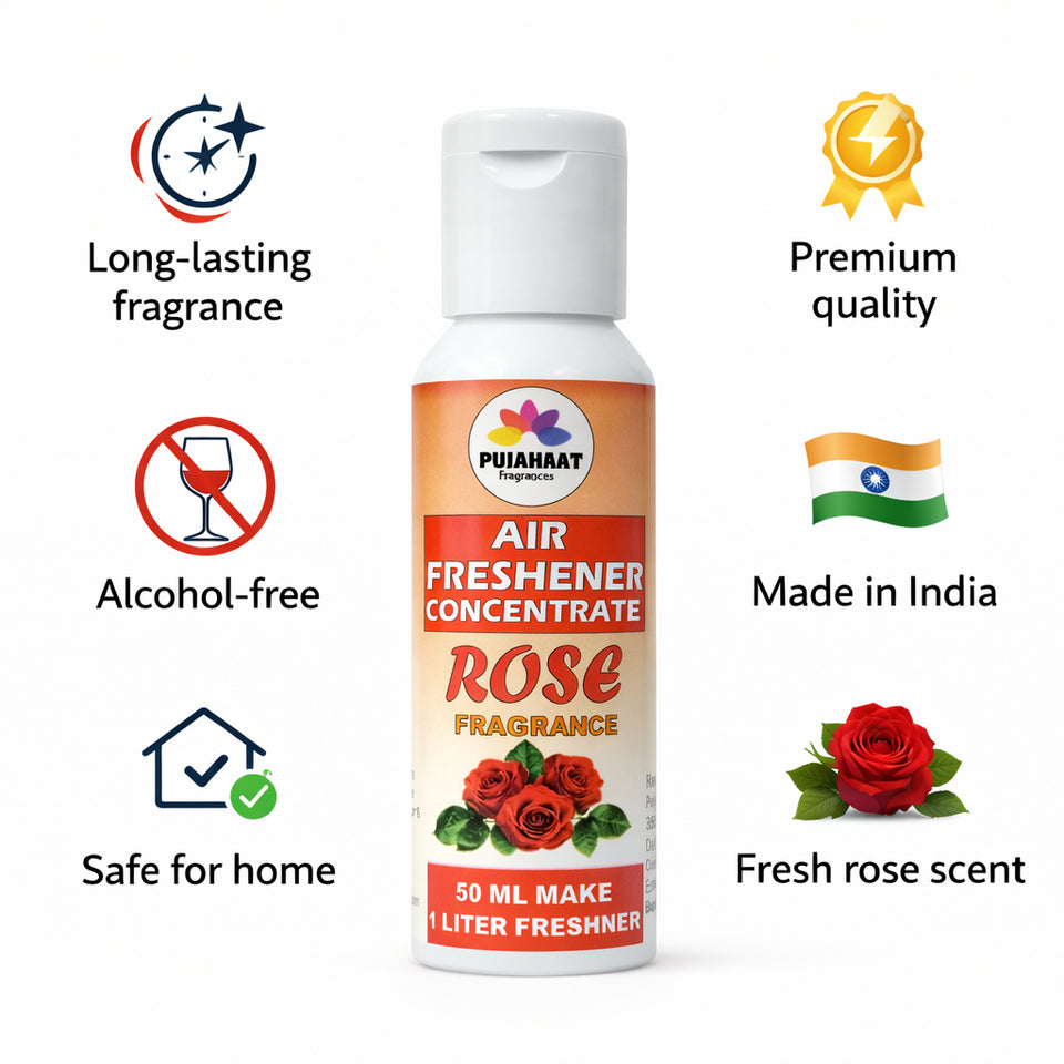 Pujahaat Air Freshener Concentrate Set of 3 (50ml Each) Makes 1 Liter Each | Long Lasting Room Freshener Liquid | Fragrance Combo for Home, Office, Car | Alcohol-Free Premium Fragrance - Rose