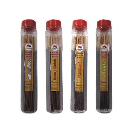 Pujahaat Premium Sandalwood, Rose, Musk, Mogra Scented Incense Stick Masala Agarbatti | No Charcoal Incense Sticks, 100% Herbal Fragrance Agarbatti, 0% Sulphates 4 Fine Fragrance - 400 gm (4 x 100 GMS)