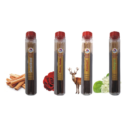 Pujahaat Premium Sandalwood, Rose, Musk, Mogra Scented Incense Stick Masala Agarbatti | No Charcoal Incense Sticks, 100% Herbal Fragrance Agarbatti, 0% Sulphates 4 Fine Fragrance - 400 gm (4 x 100 GMS)