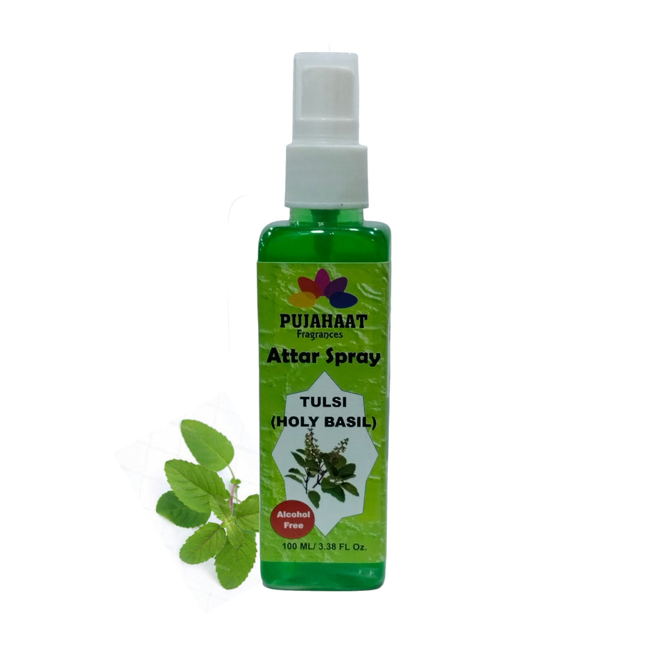 Tulsi Attar Spray by Pujahaat | 100ml Non Alcoholic Spray | Religious Mist | Air Freshener, Room Mist, Fabric & Linen Spray | Perfect for Prayer mats, beds, sofas, curtains