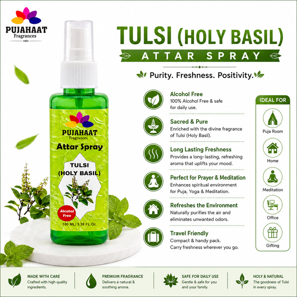 Tulsi Attar Spray by Pujahaat | 100ml Non Alcoholic Spray | Religious Mist | Air Freshener, Room Mist, Fabric & Linen Spray | Perfect for Prayer mats, beds, sofas, curtains