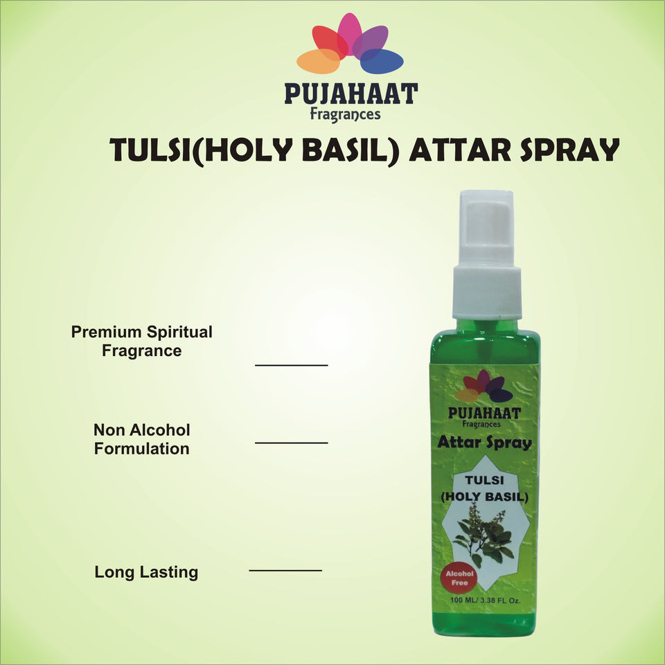 Tulsi Attar Spray by Pujahaat | 100ml Non Alcoholic Spray | Religious Mist | Air Freshener, Room Mist, Fabric & Linen Spray | Perfect for Prayer mats, beds, sofas, curtains