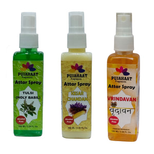 Pujahaat Tulsi, Kesar Chandan and Vrindavan Attar Spray Combo | Non Alcoholic Spray | Religious Mist | Air Freshener, Room Mist, Fabric Linen Spray | Perfect for Prayers Rooms, Living Room, car - set of 3