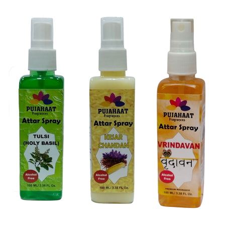 Pujahaat Tulsi, Kesar Chandan and Vrindavan Attar Spray Combo | Non Alcoholic Spray | Religious Mist | Air Freshener, Room Mist, Fabric Linen Spray | Perfect for Prayers Rooms, Living Room, car - set of 3