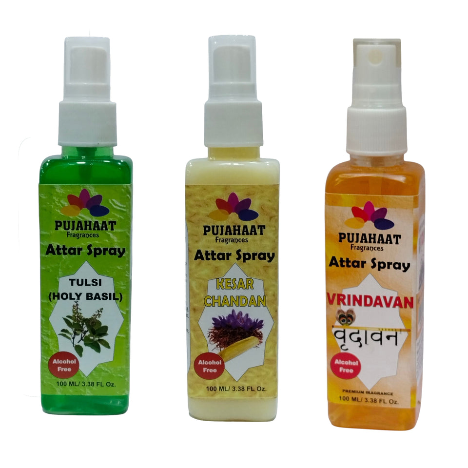 Pujahaat Tulsi, Kesar Chandan and Vrindavan Attar Spray Combo | Non Alcoholic Spray | Religious Mist | Air Freshener, Room Mist, Fabric Linen Spray | Perfect for Prayers Rooms, Living Room, car - set of 3