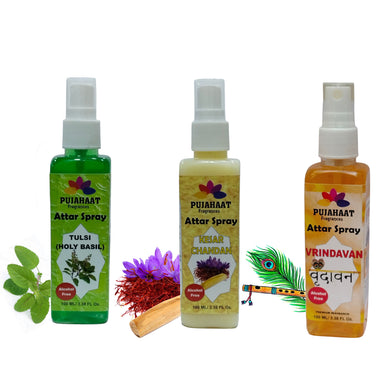 Pujahaat Tulsi, Kesar Chandan and Vrindavan Attar Spray Combo | Non Alcoholic Spray | Religious Mist | Air Freshener, Room Mist, Fabric Linen Spray | Perfect for Prayers Rooms, Living Room, car - set of 3