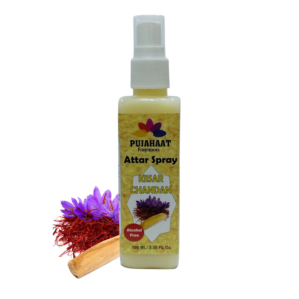 Pujahaat Tulsi, Kesar Chandan and Vrindavan Attar Spray Combo | Non Alcoholic Spray | Religious Mist | Air Freshener, Room Mist, Fabric Linen Spray | Perfect for Prayers Rooms, Living Room, car - set of 3
