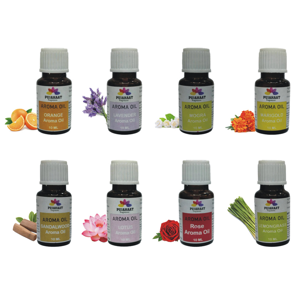 Pujahaat Lavender, Jasmine, Marigold (Genda), Orange, Rose, Lotus, Lemongrass, Sandalwood Aroma Oil for Aromatherapy oils, Oil for diffusers, Humidifier oils, Oil Burners, Spa and Air Purifier 10ml Each - Set of 8 (8 x 10 ml)