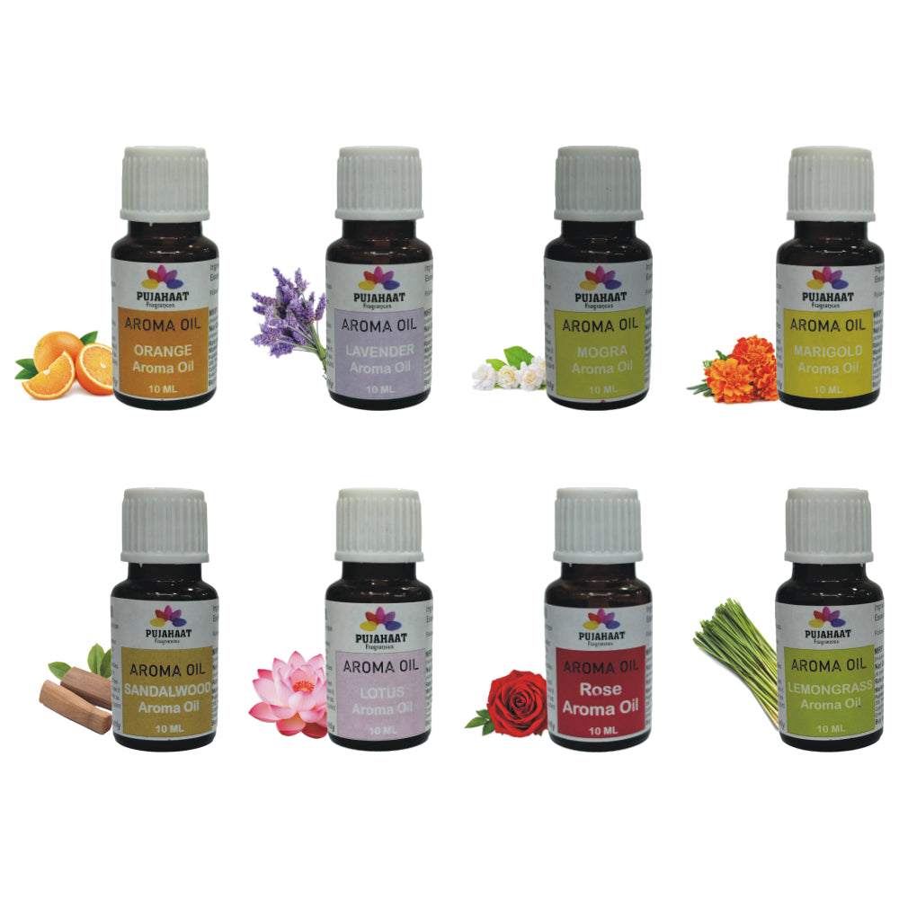 Pujahaat Lavender, Jasmine, Marigold (Genda), Orange, Rose, Lotus, Lemongrass, Sandalwood Aroma Oil for Aromatherapy oils, Oil for diffusers, Humidifier oils, Oil Burners, Spa and Air Purifier 10ml Each - Set of 8 (8 x 10 ml)