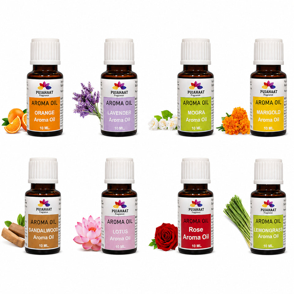 Pujahaat Lavender, Jasmine, Marigold (Genda), Orange, Rose, Lotus, Lemongrass, Sandalwood Aroma Oil for Aromatherapy oils, Oil for diffusers, Humidifier oils, Oil Burners, Spa and Air Purifier 10ml Each - Set of 8 (8 x 10 ml)