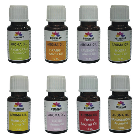 Pujahaat Lavender, Jasmine, Marigold (Genda), Orange, Rose, Lotus, Lemongrass, Sandalwood Aroma Oil for Aromatherapy oils, Oil for diffusers, Humidifier oils, Oil Burners, Spa and Air Purifier 10ml Each - Set of 8 (8 x 10 ml)