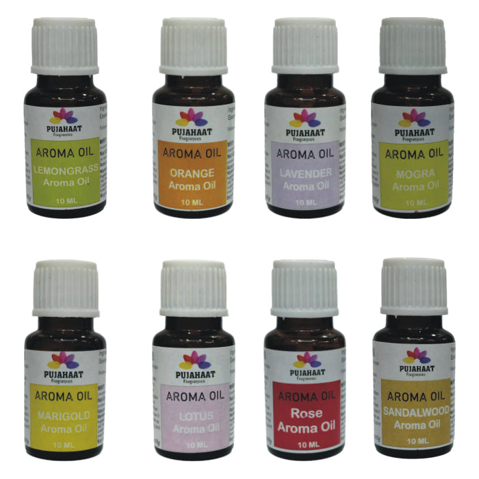 Pujahaat Lavender, Jasmine, Marigold (Genda), Orange, Rose, Lotus, Lemongrass, Sandalwood Aroma Oil for Aromatherapy oils, Oil for diffusers, Humidifier oils, Oil Burners, Spa and Air Purifier 10ml Each - Set of 8 (8 x 10 ml)